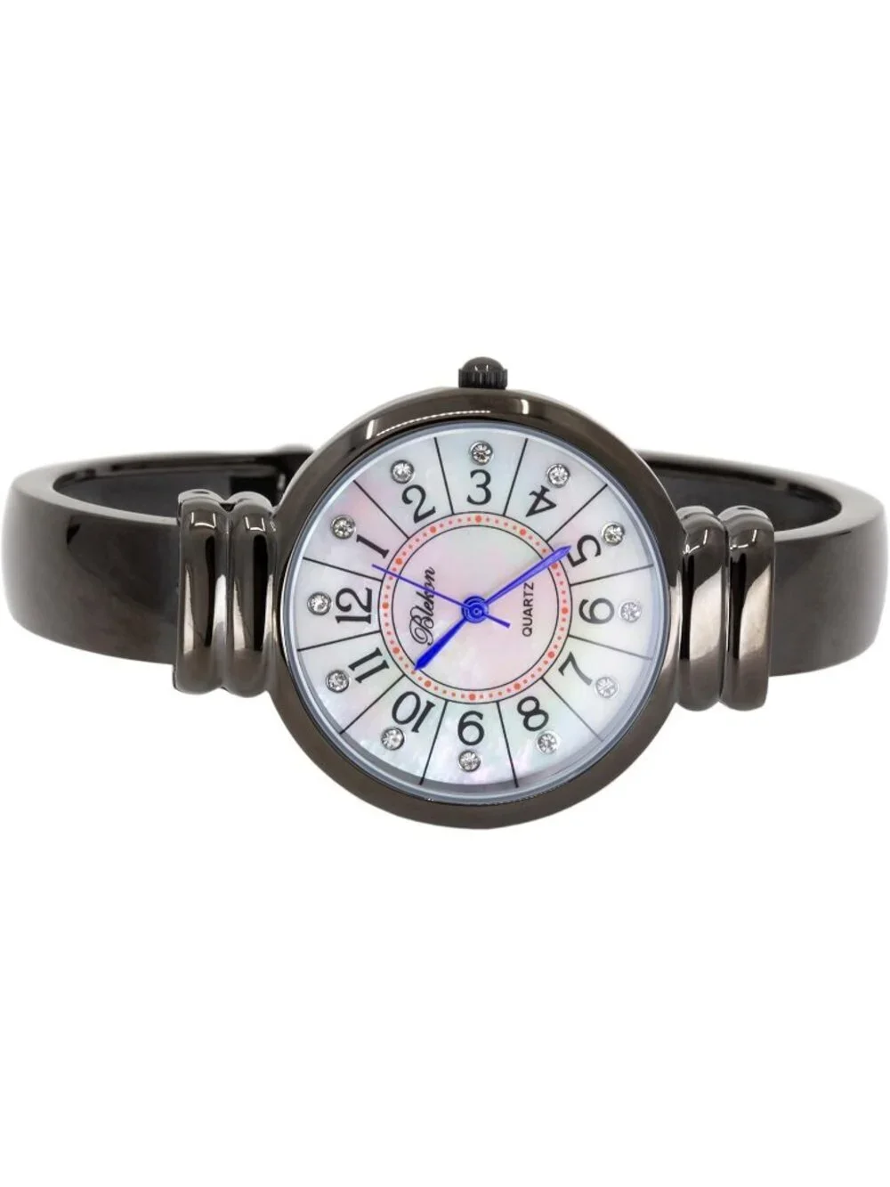 Women's Black And Blue Hand Analog Metal hinged Pearl Cuff Bracelet Wrist Watch